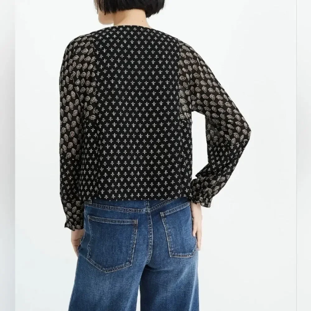 Madewell Sheer Sleeve Top Brushstroke Paisley V-Neck Puff Sleeve Black L